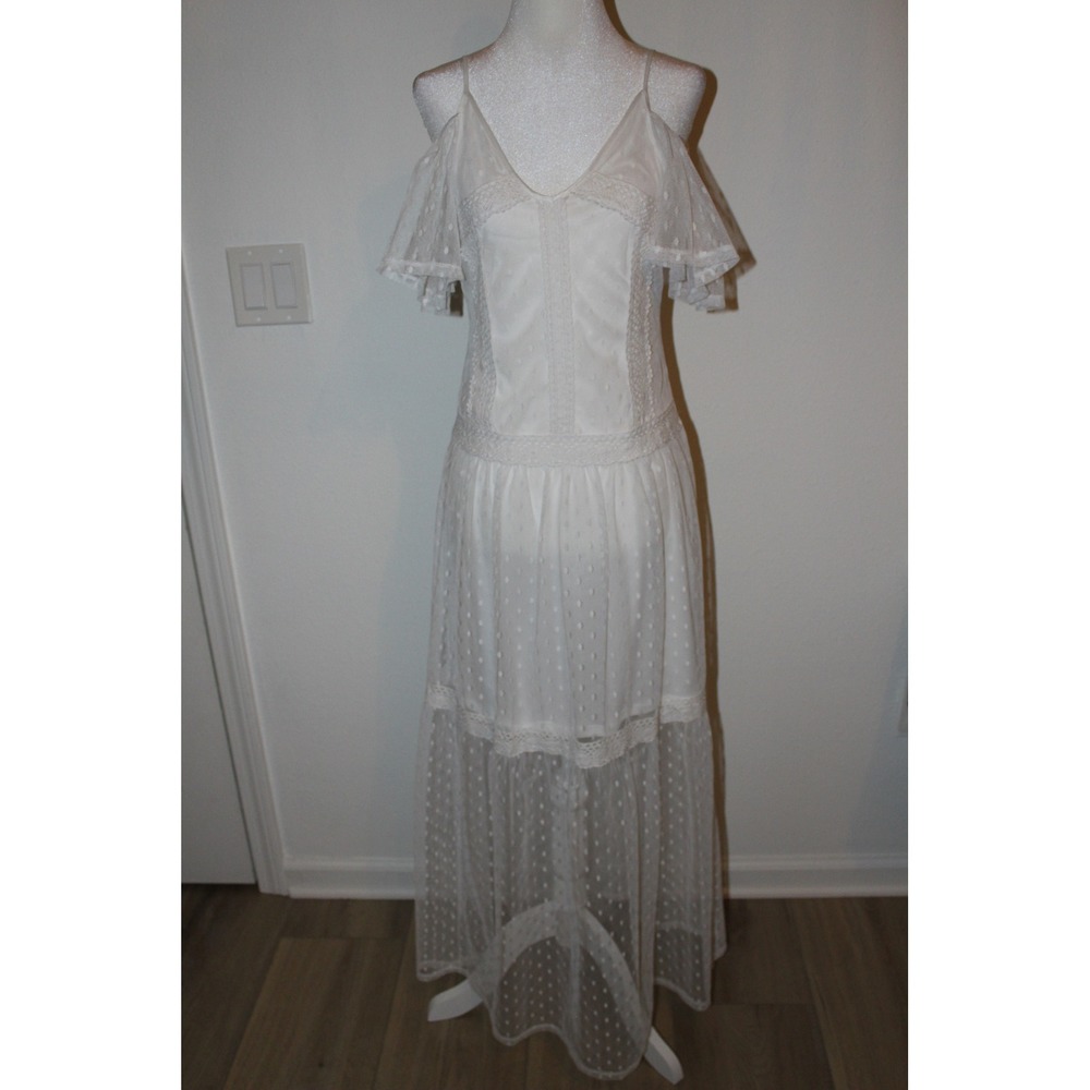 Disney Pirates of‎ the Caribbean White Lace Swiss Dot Cold Shoulder Maxi Dress